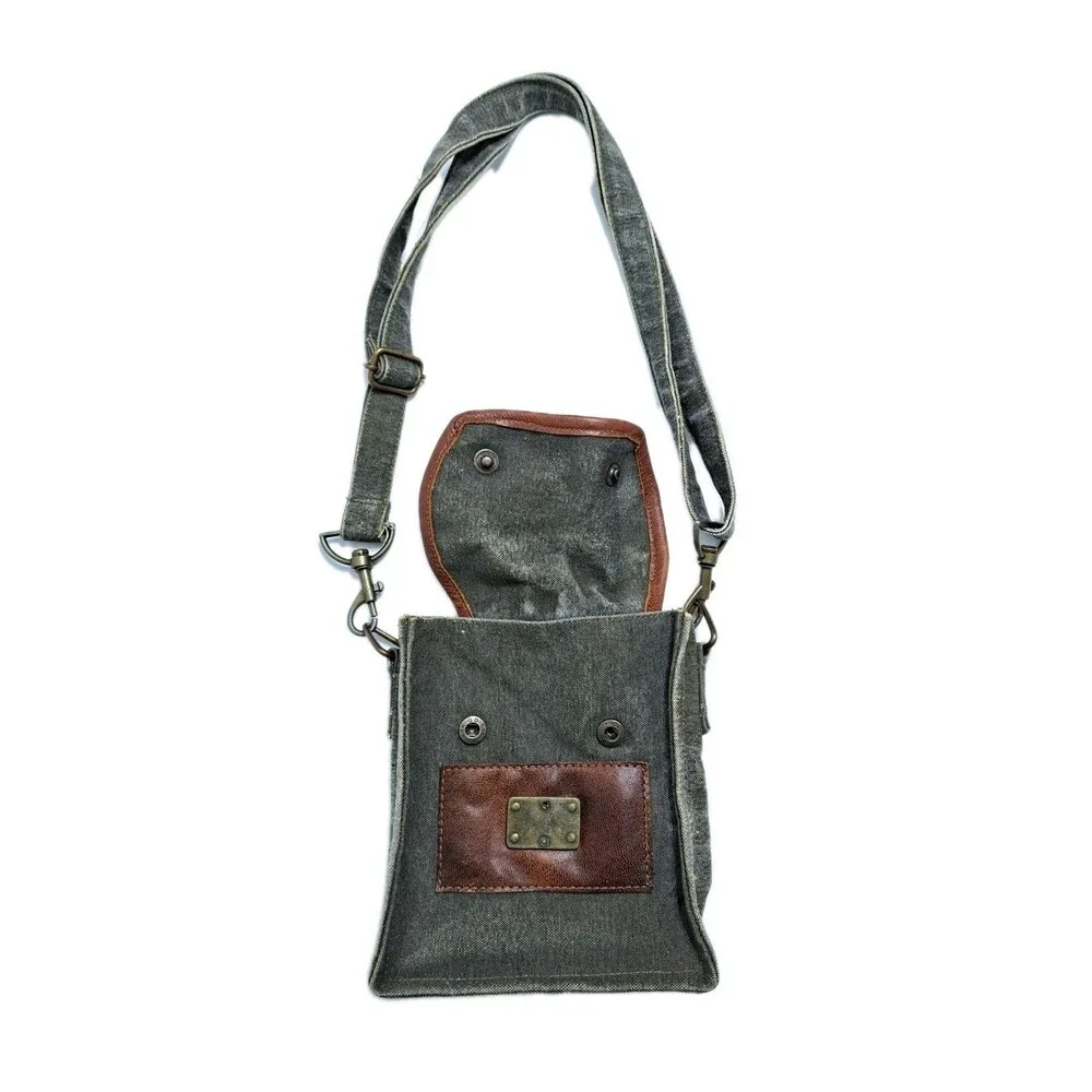 Mona B Purse Crossbody Flap Over Steampunk Upcycled Leather Canvas Satchel Bag